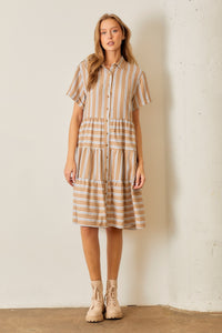 Striped Tiered Shirt Dress Camel
