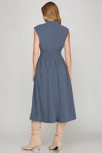 Smocked Waist Corduroy Zip Dress - Blue