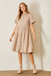 Striped Tiered Shirt Dress Camel