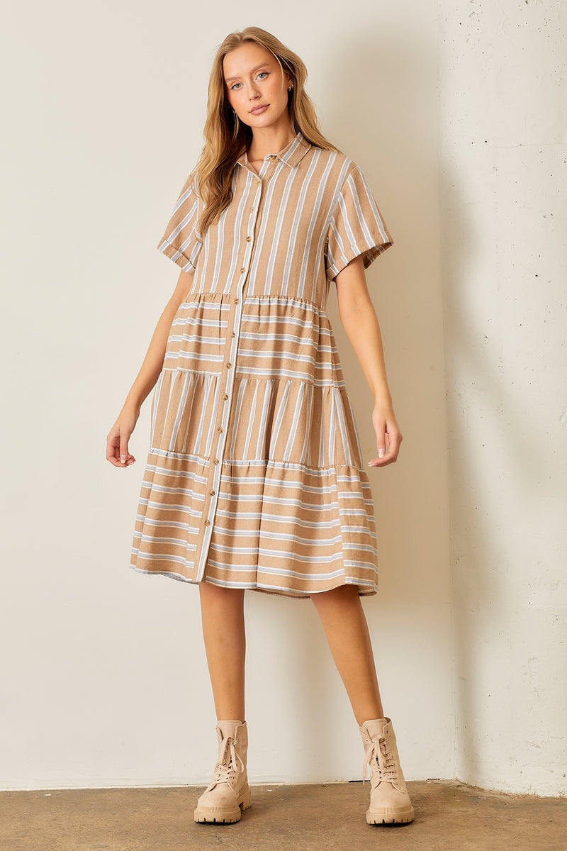 Striped Tiered Shirt Dress Camel