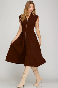 Smocked Waist Corduroy Zip Dress - Wine