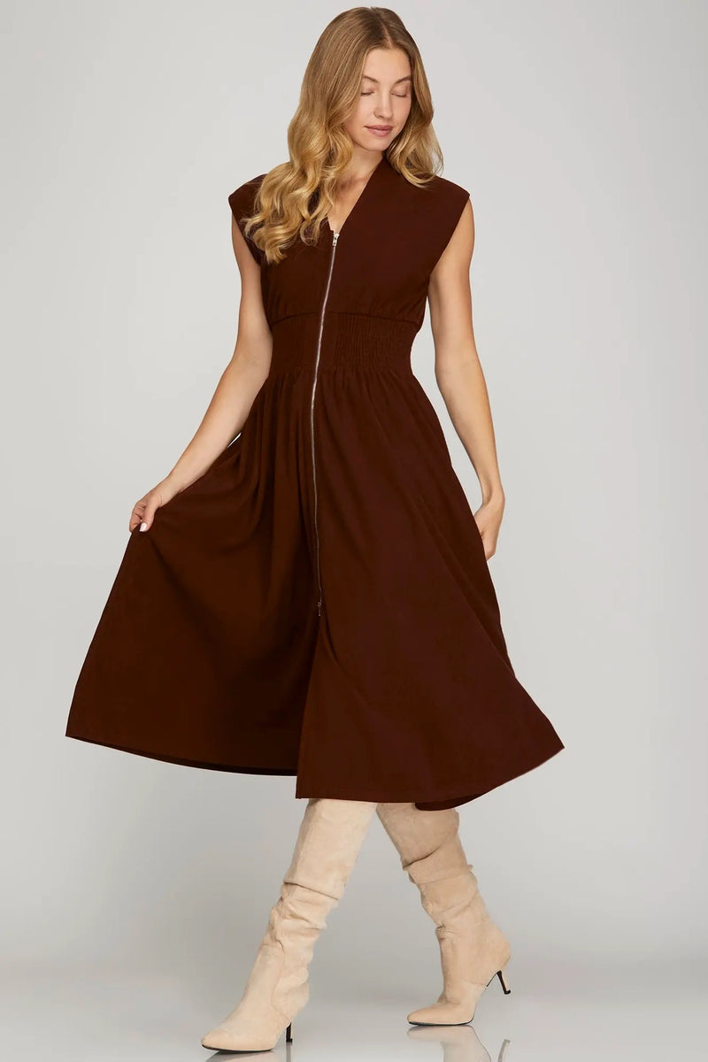 Smocked Waist Corduroy Zip Dress - Wine