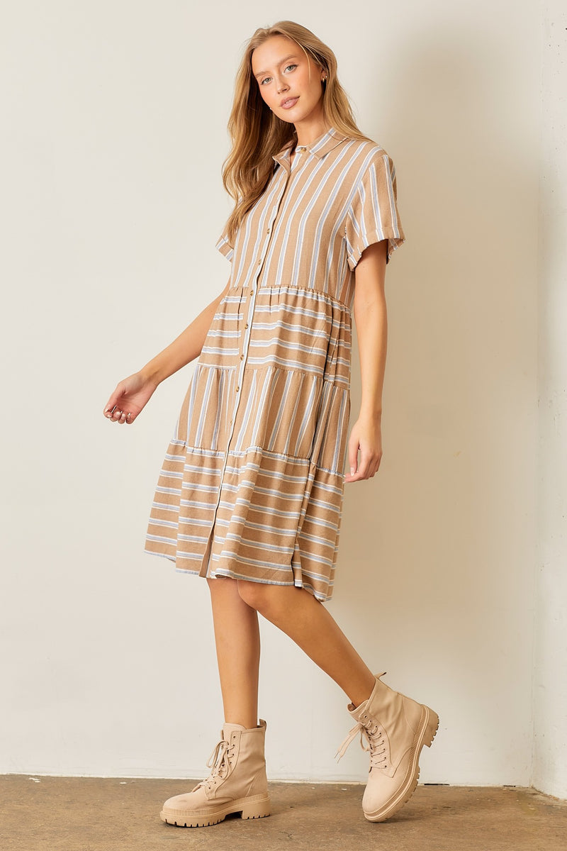 Striped Tiered Shirt Dress Camel