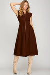 Smocked Waist Corduroy Zip Dress - Wine