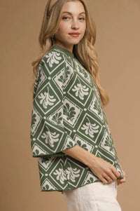 Abstract Leaf Mock Neck Sweater - Olive