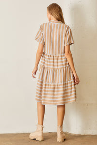 Striped Tiered Shirt Dress Camel
