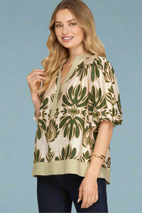 Bubble Sleeve Printed Top - Olive