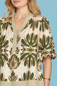 Bubble Sleeve Printed Top - Olive
