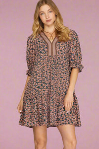 Puff Sleeve Print Dress - Teal
