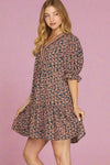 Puff Sleeve Print Dress - Teal