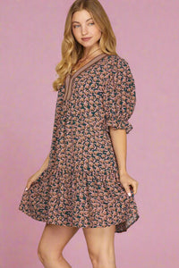 Puff Sleeve Print Dress - Teal