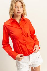 Pleated Waist Poplin Shirt - Red