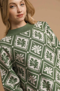 Abstract Leaf Mock Neck Sweater - Olive