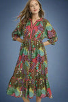 Floral Print V-Neck Midi Dress - Brown