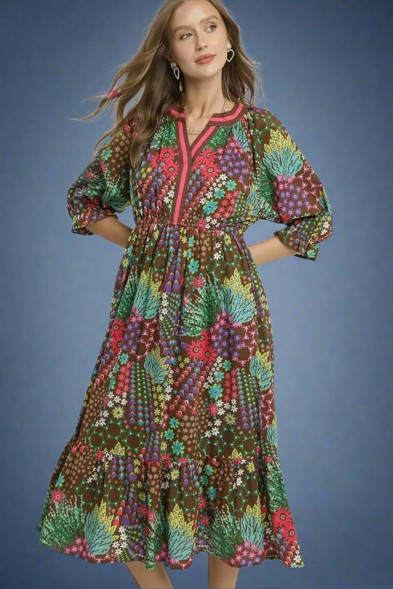 Floral Print V-Neck Midi Dress - Brown