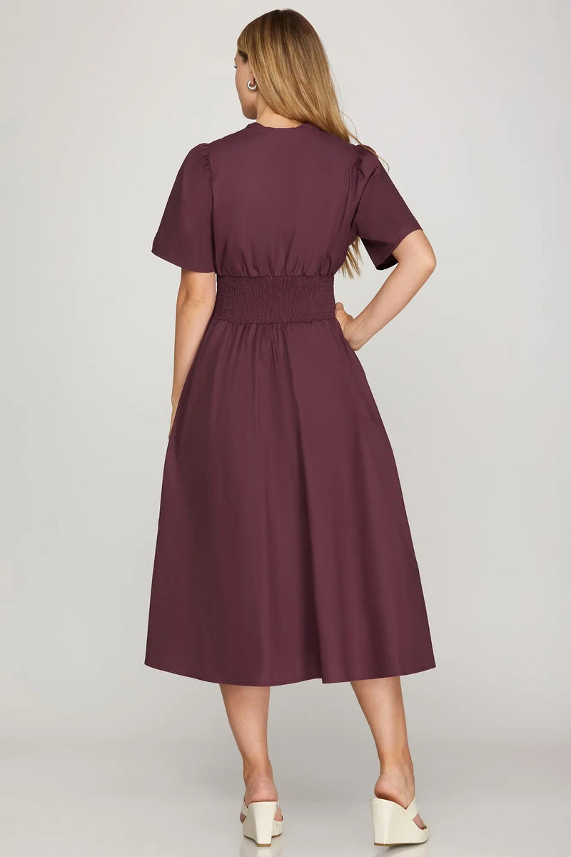 Smocked Waist Zip Dress - Plum
