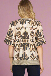 Bubble Sleeve Printed Top - Charcoal