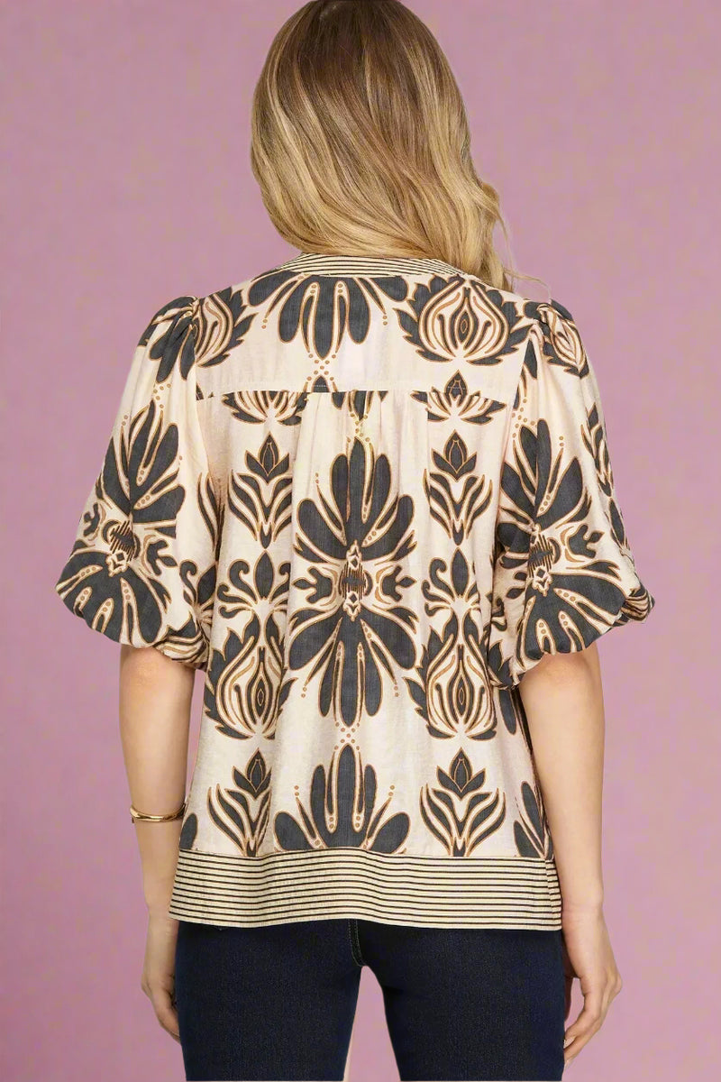 Bubble Sleeve Printed Top - Charcoal