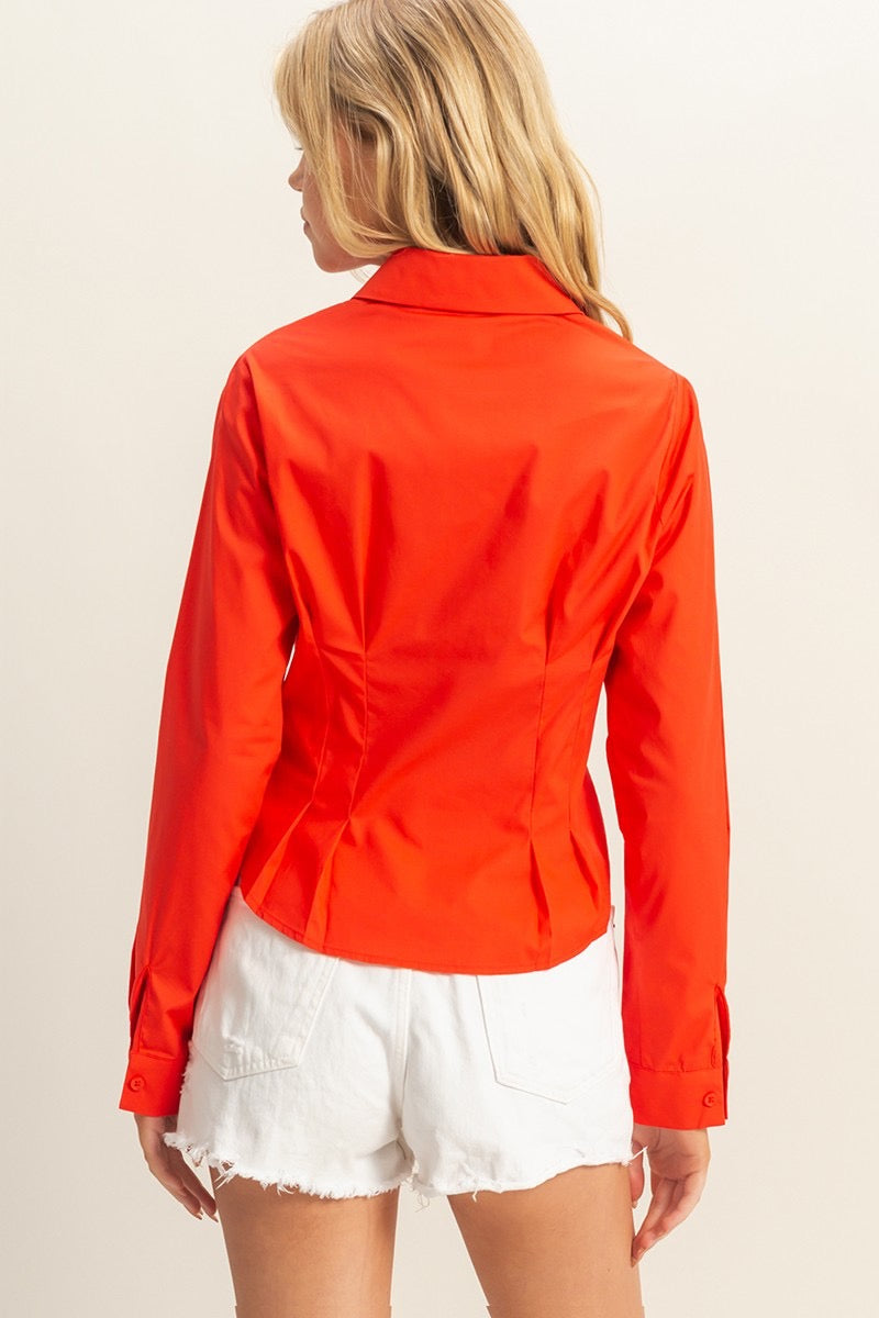 Pleated Waist Poplin Shirt - Red