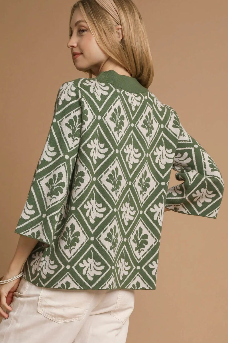 Abstract Leaf Mock Neck Sweater - Olive