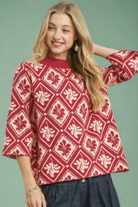Abstract Leaf Mock Neck Sweater - Rosewood