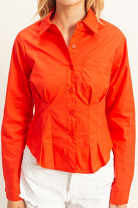 Pleated Waist Poplin Shirt - Red