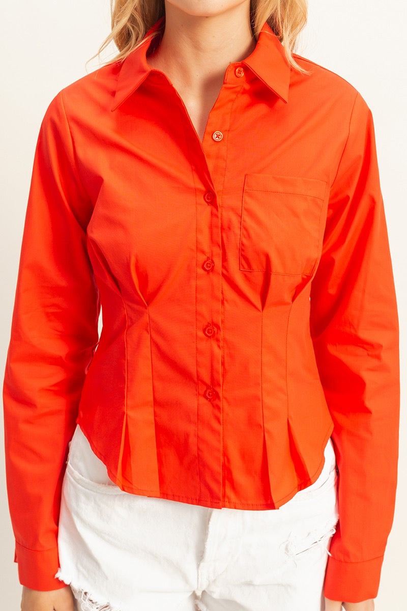 Pleated Waist Poplin Shirt - Red