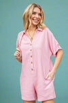 Button Down Side Pocket Romper Pink