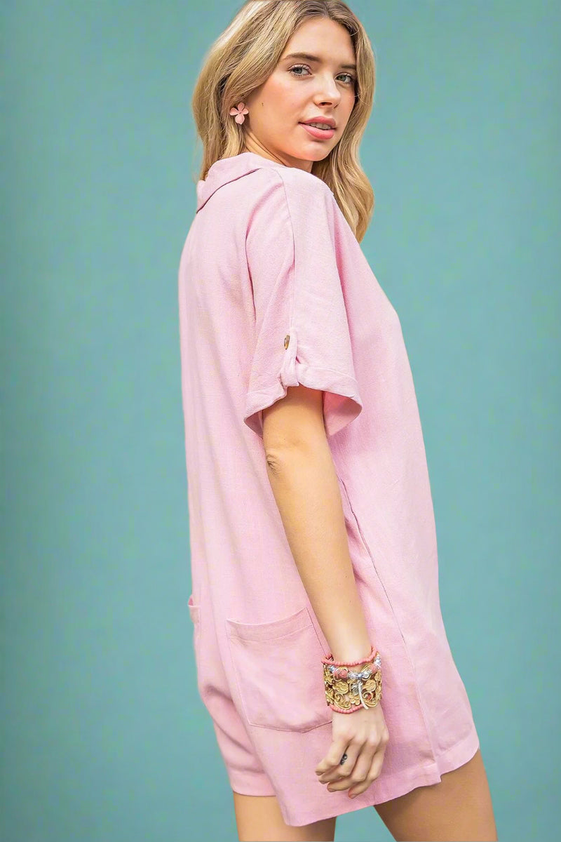 Button Down Side Pocket Romper Pink
