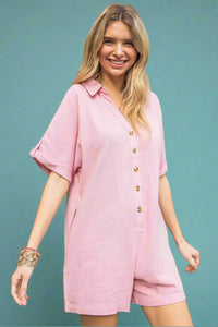 Button Down Side Pocket Romper Pink