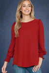 Solid Ruffled Shoulder Woven Long Sleeve Top Rust