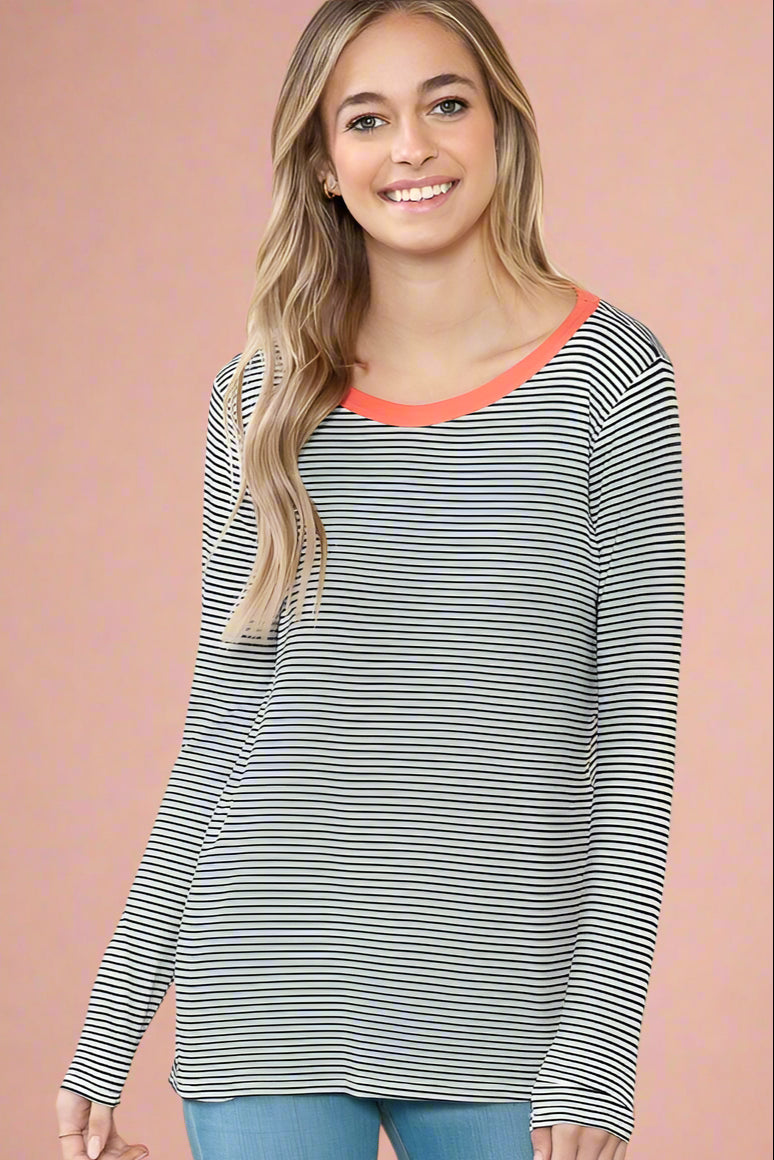 Soft rayon long sleeve striped top. Featuring a contrasting color neckline and full length.