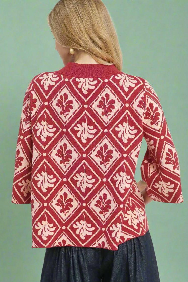 Abstract Leaf Mock Neck Sweater - Rosewood