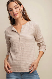 Crinkle Knit Contrast Henley V Neck Top Taupe