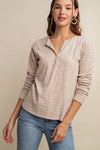 Crinkle Knit Contrast Henley V Neck Top Taupe