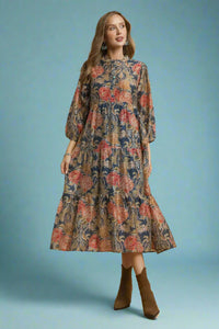 Floral Print Midi Dress - Navy