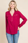 V Neck Front Zip Up Long Sleeve Top Burgundy