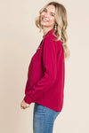 V Neck Front Zip Up Long Sleeve Top Burgundy