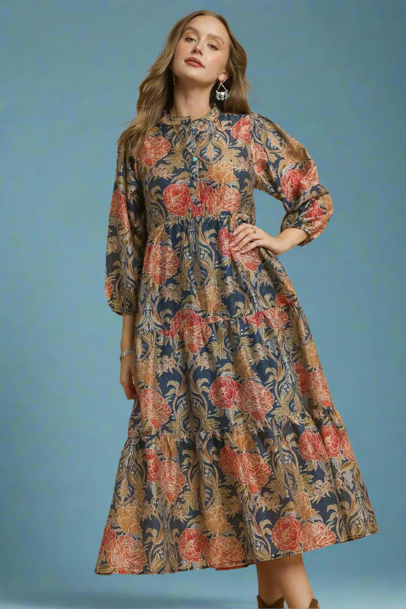 Floral Print Midi Dress - Navy