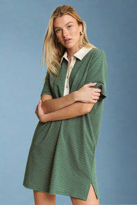 Pin Stripe Button Down Dress - Green