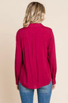V Neck Front Zip Up Long Sleeve Top Burgundy