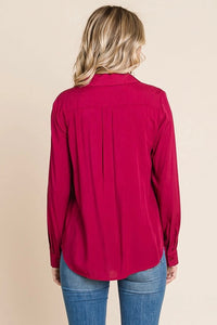 V Neck Front Zip Up Long Sleeve Top Burgundy