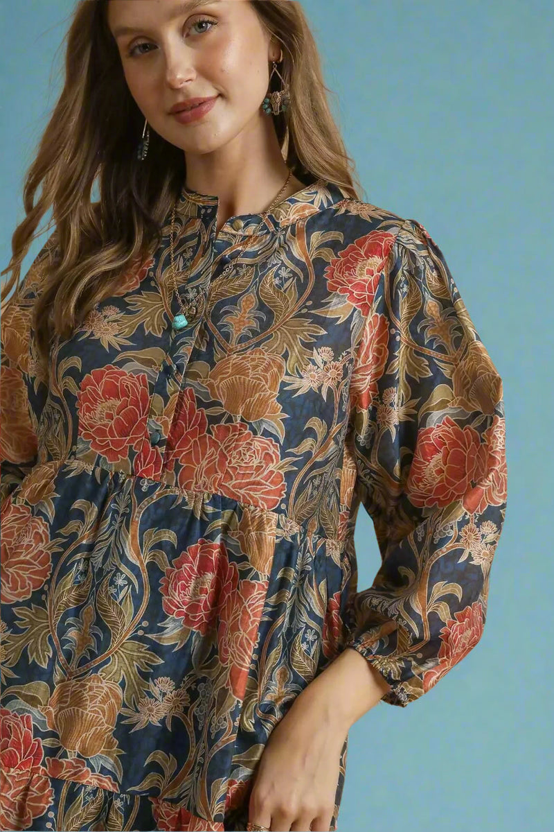 Floral Print Midi Dress - Navy