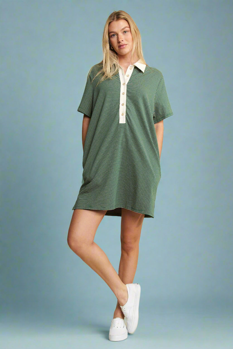 Pin Stripe Button Down Dress - Green