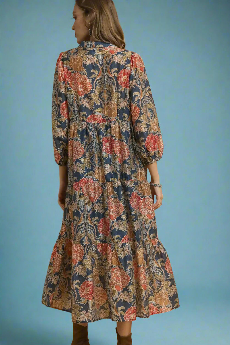 Floral Print Midi Dress - Navy