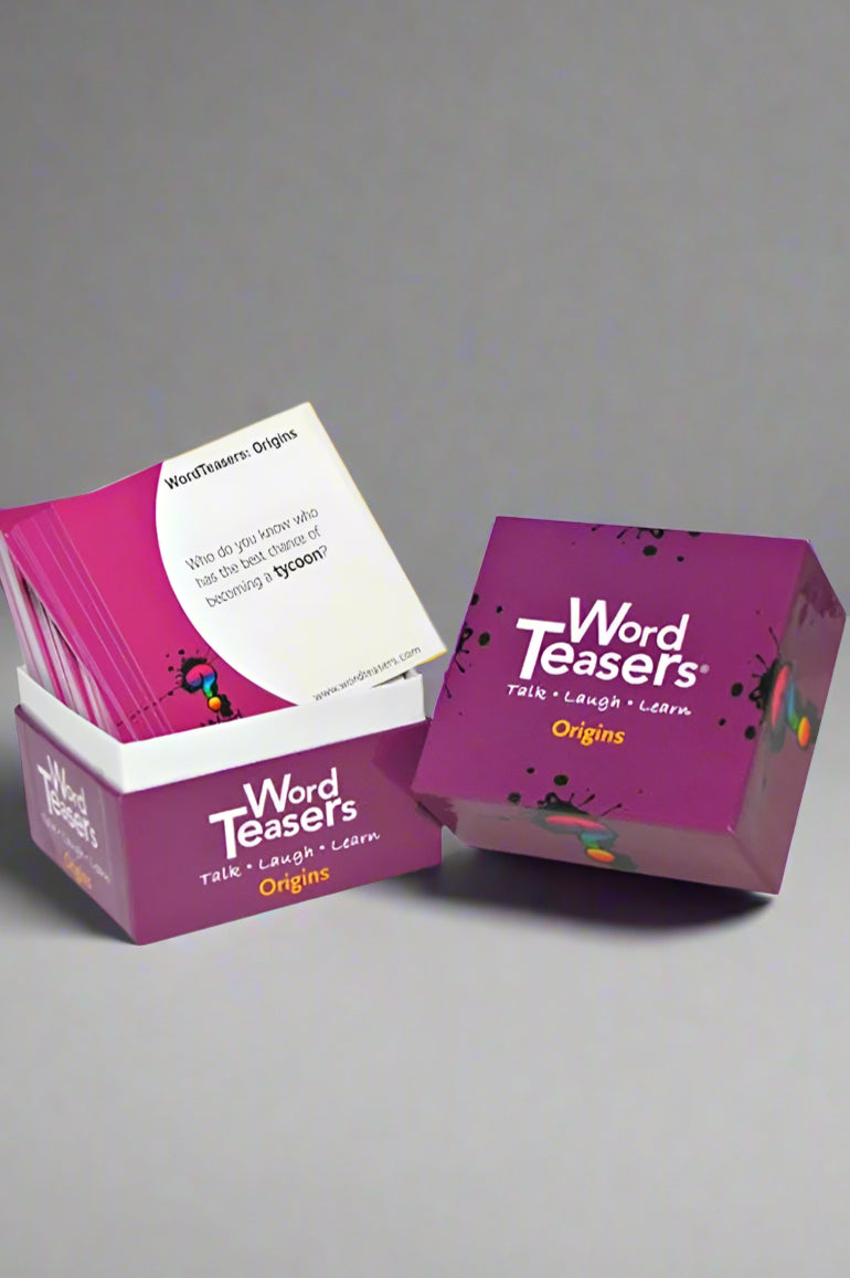 A box of conversation starter cards on the subject of origins of phrases.