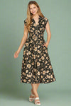 Smocked Waist Floral Zip Dress - Black