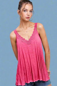 Washed Lace Trim Tank - Candy