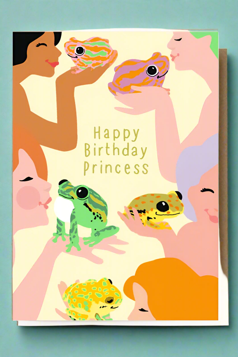 A greeting card with images of women kissing frogs and text that reads ‘Happy Birthday Princess’.