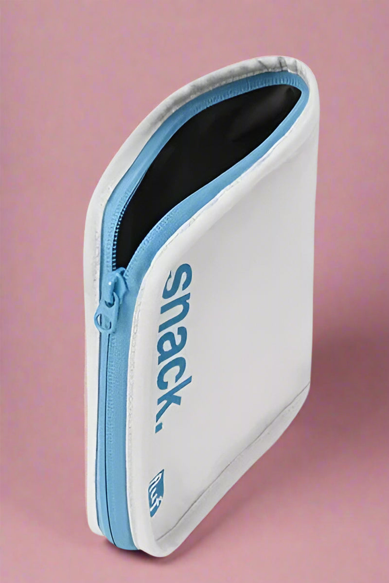 An image of a white and blue reusable sandwich bag. It has a zip closure and made from organic, recycled, BPA free materials.